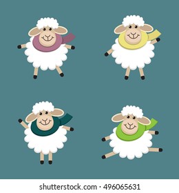 Four cute dancing and smiling sheep with colourful scarves in different poses. Vector illustration in cartoon style