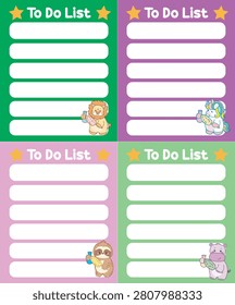 Four cute to do list sticky planners in animal series chores theme with lion and sloth cleaning the vase with feather duster