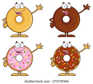 Four Cute Donuts Cartoon Character 2. Vector Collection Set Isolated On White