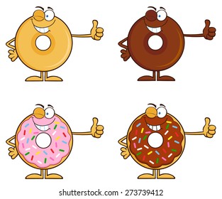 Four Cute Donuts Cartoon Character 5. Vector Collection Set Isolated On White