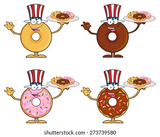 Four Cute Donuts Cartoon Character 11. Vector Collection Set Isolated On White