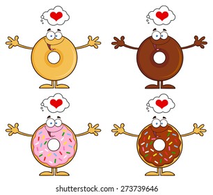 Four Cute Donuts Cartoon Character 17. Vector Collection Set Isolated On White