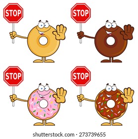 Four Cute Donuts Cartoon Character 3. Vector Collection Set Isolated On White