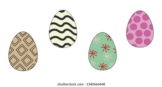 Four Cute Easter Eggs Isolated in White Background. Vector Illustration