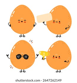 Four cute egg characters showing different emotions and actions, holding a blank sign, wearing sunglasses and holding a trophy