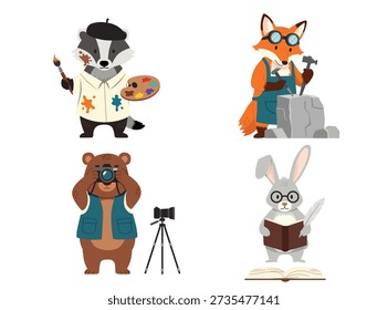 four cute forest animals a badger painter, fox sculptor, bear photographer, and rabbit writer representing different creative professions and artistic hobbies