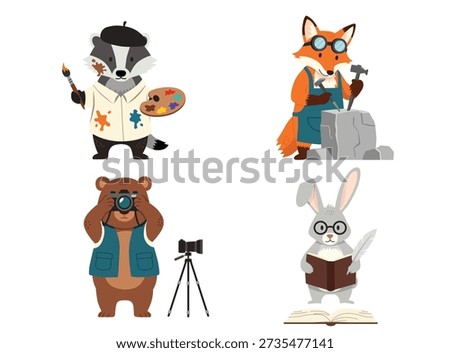 four cute forest animals a badger painter, fox sculptor, bear photographer, and rabbit writer representing different creative professions and artistic hobbies