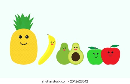 Four cute fruits laugh and smile happily. pineapple, banana, avocado and apple. flat design on isolated background.