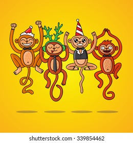 Four cute and funny monkeys with their tails in the form of numbers 2016. Vector illustration on a yellow background.