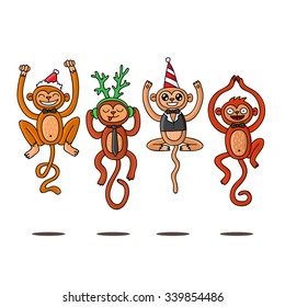 Four cute and funny monkeys with their tails in the form of numbers 2016. Vector illustration on a transparent background.