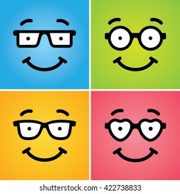 Four cute funny smiling geek faces in glasses of differ shapes on colorful backgrounds. Can be used as icon or logo, or for card design concept