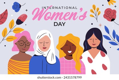 Four cute girls on a white background. Greeting card for International Women's Day. Vector illustration