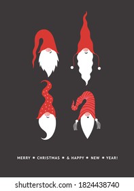 Four Cute Gnomes in hats. Christmas card. Happy New Year and Merry Christmas card. Seasons Greetings.