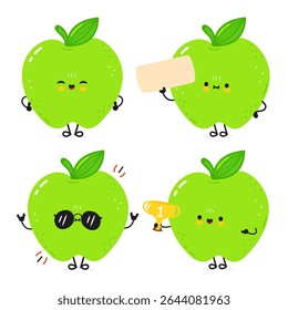 Four cute green apple cartoon characters posing in different styles, holding a blank sign, wearing sunglasses and holding a trophy