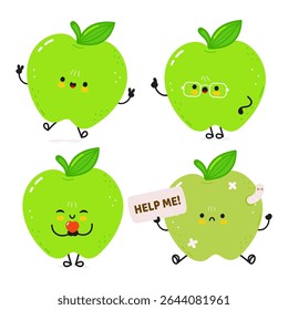 Four cute green apple characters jumping, wearing glasses, sending a kiss and asking for help with a worm and band aids