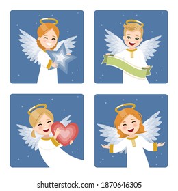 Four cute and happy angels set on a dark sky with stars background. Vector illustration