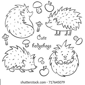 Four Cute Hedgehogs set, hand drawn vector illustration outline