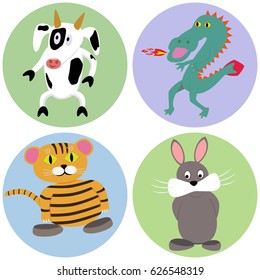 Four cute horoscope animals isolated in circle. Ox, tiger, rabbit and dragon