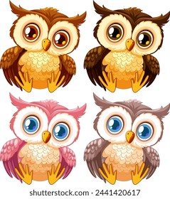 Four cute illustrated owls with expressive eyes