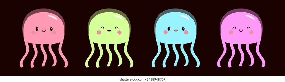 Four cute jellyfish icon set line. Kawaii cartoon funny baby character. Smiling face. Pink blue, purple color. Sea ocean animal. Kids tshirt, sticker print. Black background. Flat design. Vector