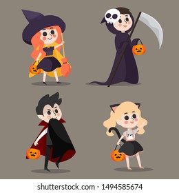 Four cute kids in halloween costumes.
