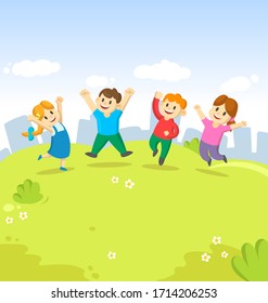 Four cute kids jumping for joy together on the grass on city background. Childhood, playground, fun. Colorful cartoon flat vector illustration.