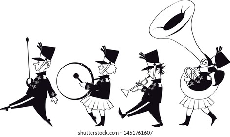 Four cute kids in marching band, EPS 8 black vector line art, no white objects