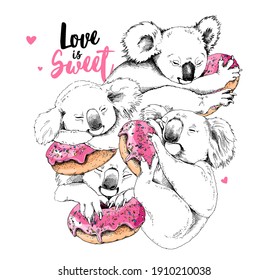 Four Cute koalas with a pink sweet donuts. Humor card, t-shirt composition, hand drawn style print. Vector illustration.