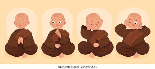 Four cute little cartoon monks in meditation poses. Buddhist monks in brown clothes. Vesak day. Monk in a pose of prayer, teacher monk, monk covers his ears with his hands, thoughtful monk.