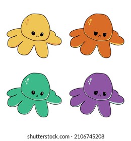 Four cute little cartoon octopus with popular emotions. Happy, angry, surprise and sad octopus. Vector illustration.