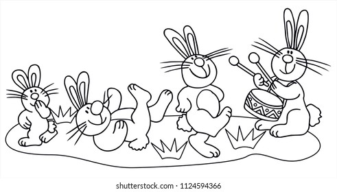 Four cute little rabbits are dancing in the forest. Black and white vector for card or gift.