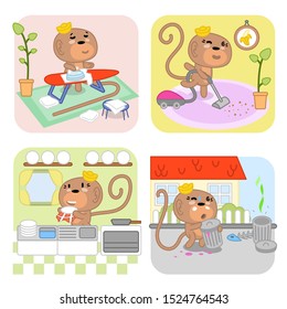 Four cute monkeys doing household chores like ironing, vaccum cleaning, washing dishes and taking out the garbage (vector illustration in kawaii style)