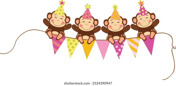 Four cute monkeys on top of party flag banne
