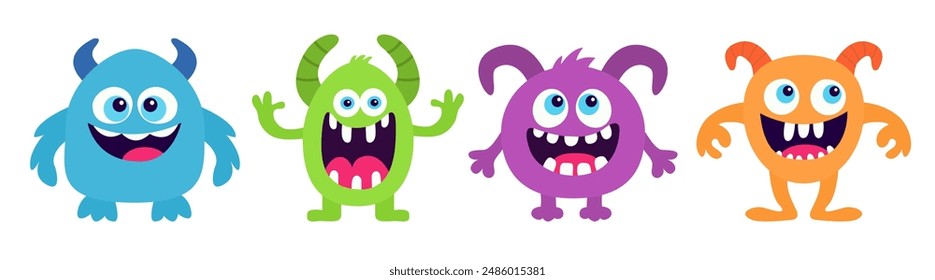 Cuatro lindos iconos de monstruo línea de conjunto. Caricatura kawaii divertido personaje de bebé. Ojos, cuernos, dientes de colmillos. Feliz Halloween. Estilo infantil. Silueta colorida. Estampado de pegatinas. Diseño plano. Vector de fondo blanco