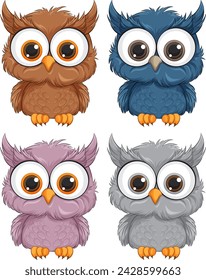 Four cute owls with different color feathers.