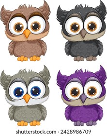 Four cute owls with different color feathers.