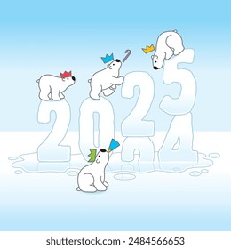 Four Cute Partying Polar Bears wearing Paper Hats Balancing on Changing New Year 2024-2025 Sculptures with Reflections Melting in a Cold Puddle