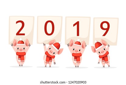 Four cute pigs in Christmas santa costume holding 2019. Cartoon character design. Pink animal mascot. Flat vector illustration isolated on white background.