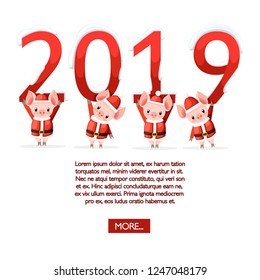 Four cute pigs in Christmas santa costume holding 2019. Numbers in the snow. Cartoon character design. Pink animal mascot. Flat vector illustration on white background. Web site page, place for text.