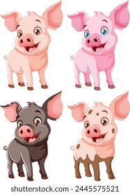 Four cute pigs in various playful poses.