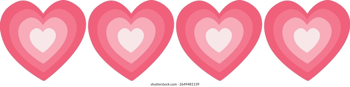 Four cute pink hearts with inner white hearts aligned in a row. Perfect for romantic, Valentine, or love-themed graphic designs.