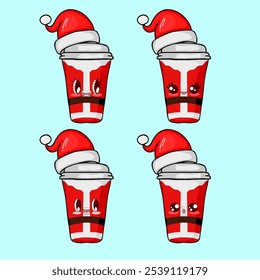 Four cute plastic paper cup characters in Santa hats, each with a different expression: sad, happy, surprised, and excited. Perfect for Christmas and winter themed designs.