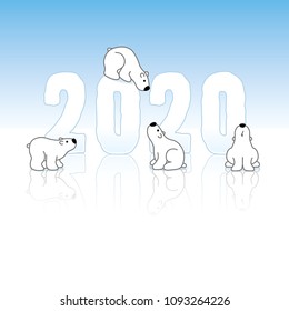 Four Cute Polar Bears around Frozen New Year 2020 on an Ice Blue Cold Background with Reflections