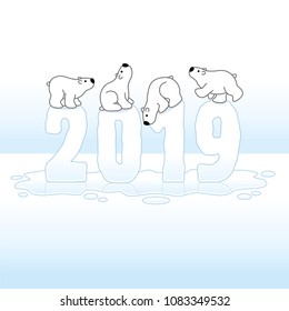 Four Cute Polar Bears Balancing on Melting New Year 2019 with Reflections in an Ice Cold Puddle
