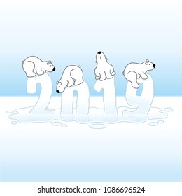 Four Cute Polar Bears Balancing on Melting New Year 2019 with Reflections in an Ice Cold Puddle