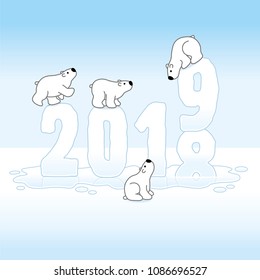 Four Cute Polar Bears Balancing on Melting New Year 2018-2019 with Reflections in an Ice Cold Puddle