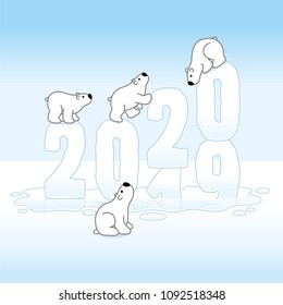 Four Cute Polar Bears Balancing on Changing New Year 2019-2020 Melting in an Ice Cold Puddle with Reflections