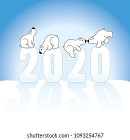 Four Cute Polar Bears Balancing on Frozen New Year 2020 with long shadows in Snow with Ice Blue Background