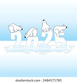 Four Cute Polar Bears Balancing on Melting New Year 2025 Ice Sculpture with reflections sinking in an Ice Cold Puddle