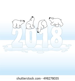 Four Cute Polar Bears Balancing on Melting New Year 2018 with Reflections in an Ice Cold Puddle